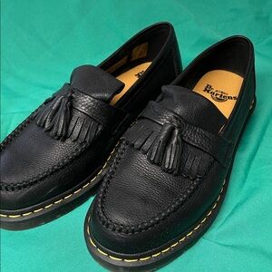 Dr. Martens Black Leather Tassel Kiltie Loafers with Yellow Stitching